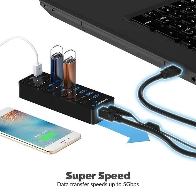 Alt view image 5 of 7 - 10-Port Powered USB 3.0 Hub, 3 Charging Ports, 60W (HB-B7C3)