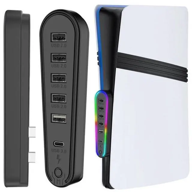 Main image of 6 Ports USB Hub for PS5 Pro/PS5 Slim Data Transfer Extender Charger Port with 4 USB 2.0 + 1 Charging Port + 1 Type-C 3.0 Compatible with CD-ROM and Digital Versions
