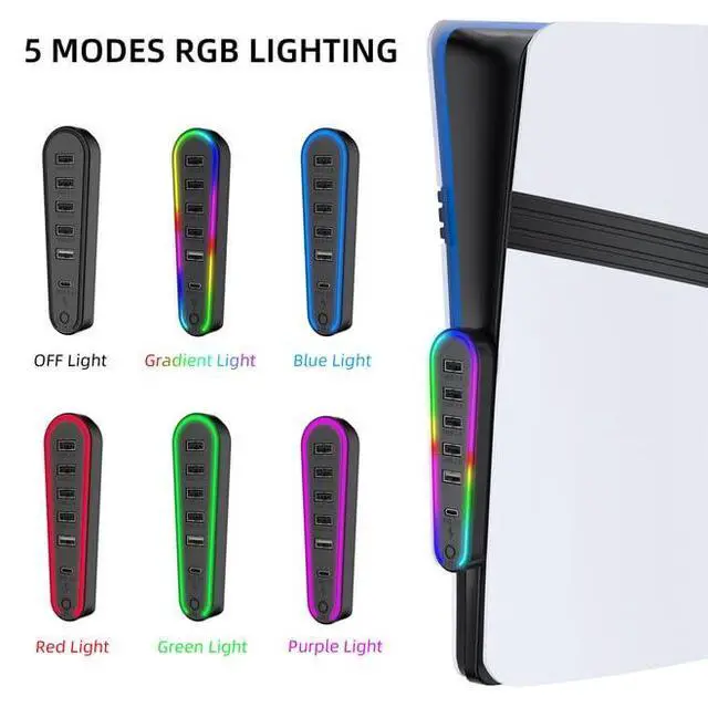 Alt view image 2 of 7 - 6 Ports USB Hub for PS5 Pro/PS5 Slim Data Transfer Extender Charger Port with 4 USB 2.0 + 1 Charging Port + 1 Type-C 3.0 Compatible with CD-ROM and Digital Versions