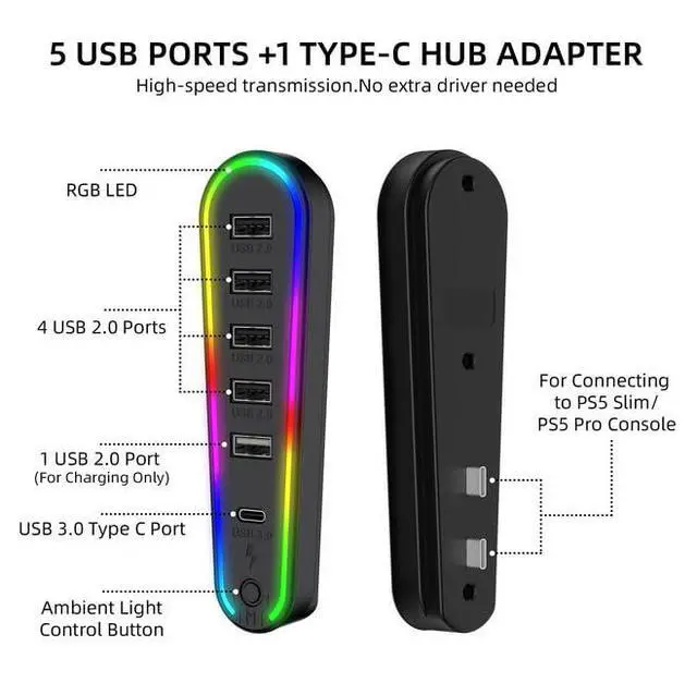 Alt view image 3 of 7 - 6 Ports USB Hub for PS5 Pro/PS5 Slim Data Transfer Extender Charger Port with 4 USB 2.0 + 1 Charging Port + 1 Type-C 3.0 Compatible with CD-ROM and Digital Versions