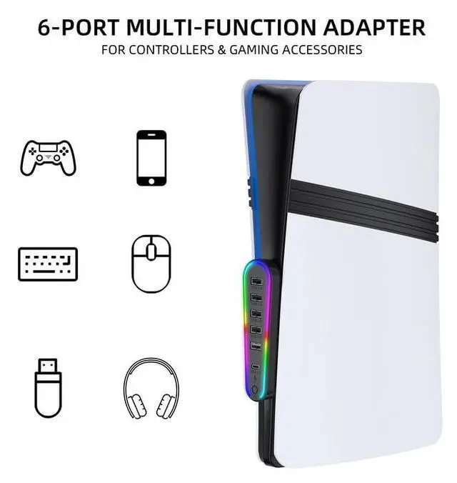 Alt view image 4 of 7 - 6 Ports USB Hub for PS5 Pro/PS5 Slim Data Transfer Extender Charger Port with 4 USB 2.0 + 1 Charging Port + 1 Type-C 3.0 Compatible with CD-ROM and Digital Versions