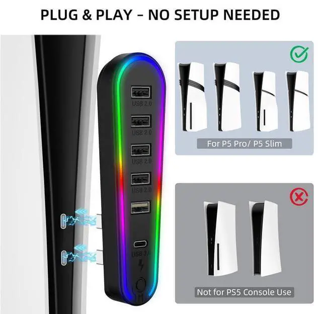 Alt view image 5 of 7 - 6 Ports USB Hub for PS5 Pro/PS5 Slim Data Transfer Extender Charger Port with 4 USB 2.0 + 1 Charging Port + 1 Type-C 3.0 Compatible with CD-ROM and Digital Versions