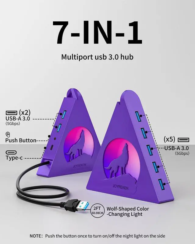 Alt view image 2 of 7 - Deep Purple 7-Port USB 3.0 Hub, RGB Vertical Gaming USB Hub Tower with 5Gbps Data Transfer, 2FT Cable - USB Hub Splitter for PC, MacBook, Laptop, PS5, Flash Drives