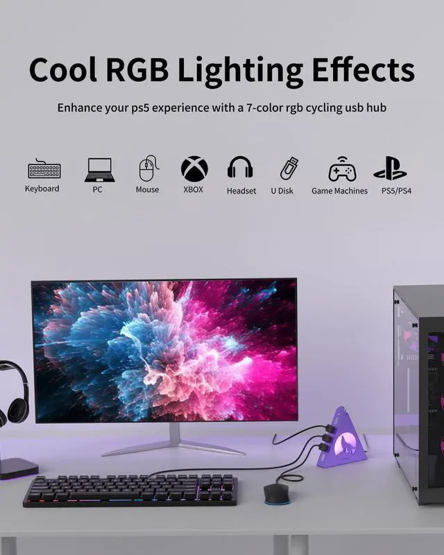Alt view image 3 of 7 - Deep Purple 7-Port USB 3.0 Hub, RGB Vertical Gaming USB Hub Tower with 5Gbps Data Transfer, 2FT Cable - USB Hub Splitter for PC, MacBook, Laptop, PS5, Flash Drives