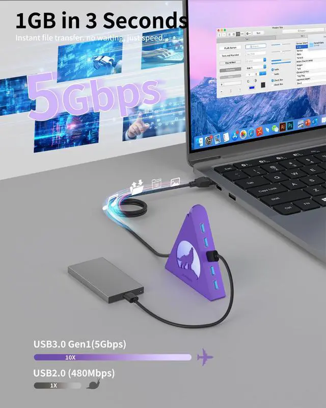 Alt view image 5 of 7 - Deep Purple 7-Port USB 3.0 Hub, RGB Vertical Gaming USB Hub Tower with 5Gbps Data Transfer, 2FT Cable - USB Hub Splitter for PC, MacBook, Laptop, PS5, Flash Drives