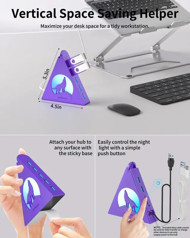 Alt view image 4 of 7 - Deep Purple 7-Port USB 3.0 Hub, RGB Vertical Gaming USB Hub Tower with 5Gbps Data Transfer, 2FT Cable - USB Hub Splitter for PC, MacBook, Laptop, PS5, Flash Drives