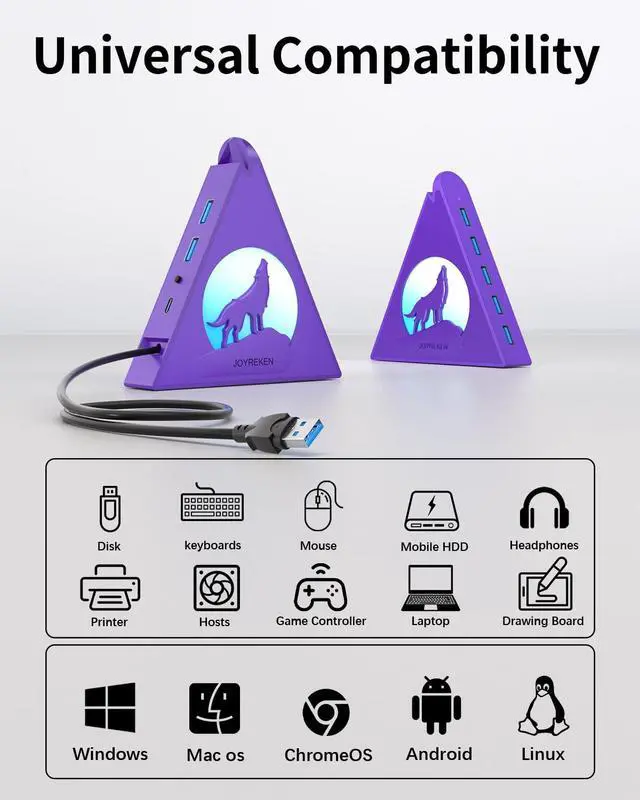 Alt view image 7 of 7 - Deep Purple 7-Port USB 3.0 Hub, RGB Vertical Gaming USB Hub Tower with 5Gbps Data Transfer, 2FT Cable - USB Hub Splitter for PC, MacBook, Laptop, PS5, Flash Drives