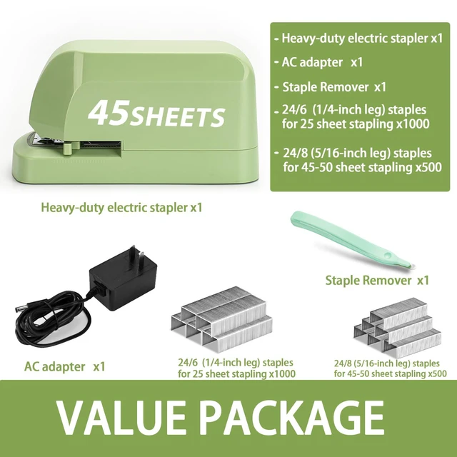 Alt view image 2 of 6 - Heavy Duty Electric Stapler Value Pack, 45 Sheet Capacity, Includes 1500 Staples & Staple Remover, No-Jam, Faster Stapling, Automatic Stapler Desktop,AC Adapter Powered (Saga Green)