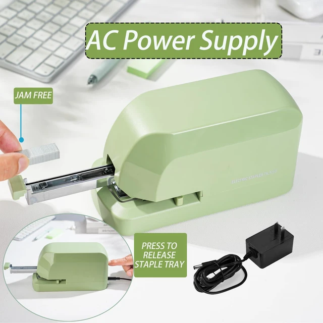 Alt view image 5 of 6 - Heavy Duty Electric Stapler Value Pack, 45 Sheet Capacity, Includes 1500 Staples & Staple Remover, No-Jam, Faster Stapling, Automatic Stapler Desktop,AC Adapter Powered (Saga Green)