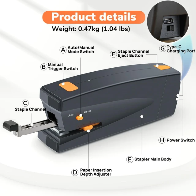 Alt view image 6 of 7 - Rechargeable Electric Stapler, 25 Sheet Capacity, Quiet Operation, Jam-Free and Easy Reload, Includes 1000 Staples, Black