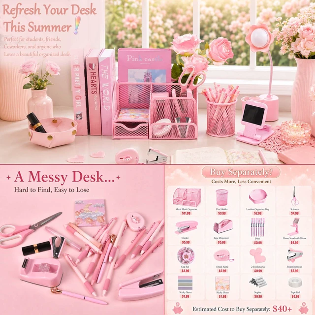 Alt view image 3 of 7 - Pink Desk Accessories 23-Piece Office Supplies Gift Set for Women | Desk organizers and accessories with desk organizer, stapler, tape dispenser, pen holder, phone stand, scissors, pen & more