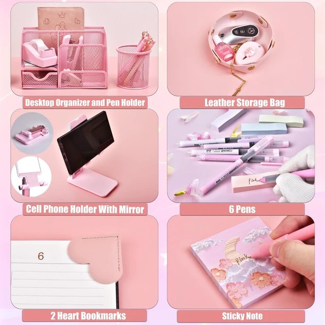 Alt view image 4 of 7 - Pink Desk Accessories 23-Piece Office Supplies Gift Set for Women | Desk organizers and accessories with desk organizer, stapler, tape dispenser, pen holder, phone stand, scissors, pen & more