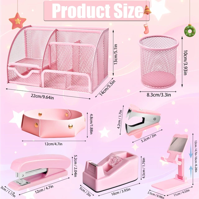 Alt view image 6 of 7 - Pink Desk Accessories 23-Piece Office Supplies Gift Set for Women | Desk organizers and accessories with desk organizer, stapler, tape dispenser, pen holder, phone stand, scissors, pen & more