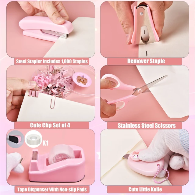 Alt view image 5 of 7 - Pink Desk Accessories 23-Piece Office Supplies Gift Set for Women | Desk organizers and accessories with desk organizer, stapler, tape dispenser, pen holder, phone stand, scissors, pen & more
