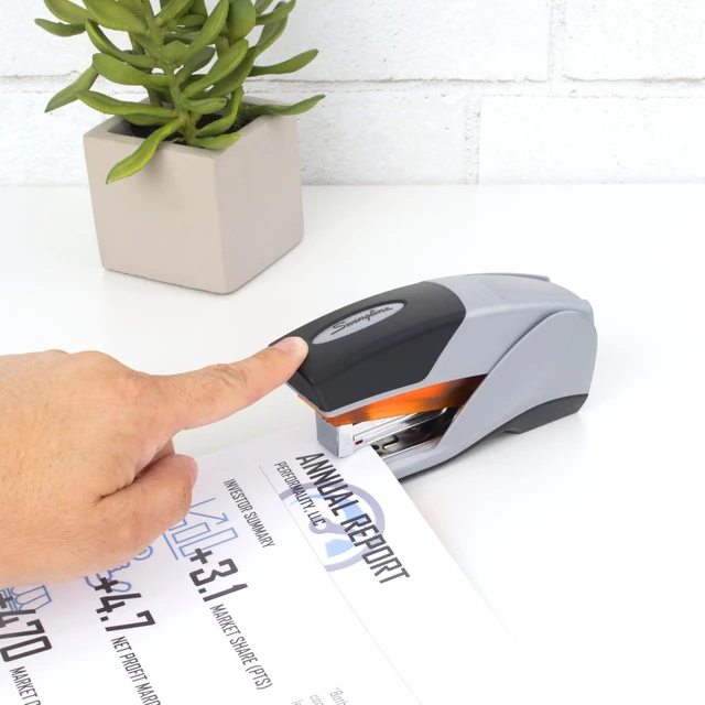 Alt view image 3 of 7 - Stapler, Desktop Stapler, Compact Size, 25 Sheet Capacity, Optima 25 Reduced Effort, Orange/Gray (66412)