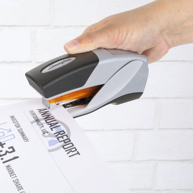 Alt view image 7 of 7 - Stapler, Desktop Stapler, Compact Size, 25 Sheet Capacity, Optima 25 Reduced Effort, Orange/Gray (66412)