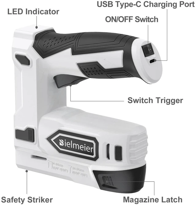 Alt view image 7 of 7 - Bielmeier 2-in-1 Cordless T50 Staple Gun & Brad Nailer, 4V Battery Powered | Electric Fastening Gun Fits 3/8" & 1/2" T50 Staples for Upholstery, Furniture Repair, DIY Canvas, Crafts & Softwood