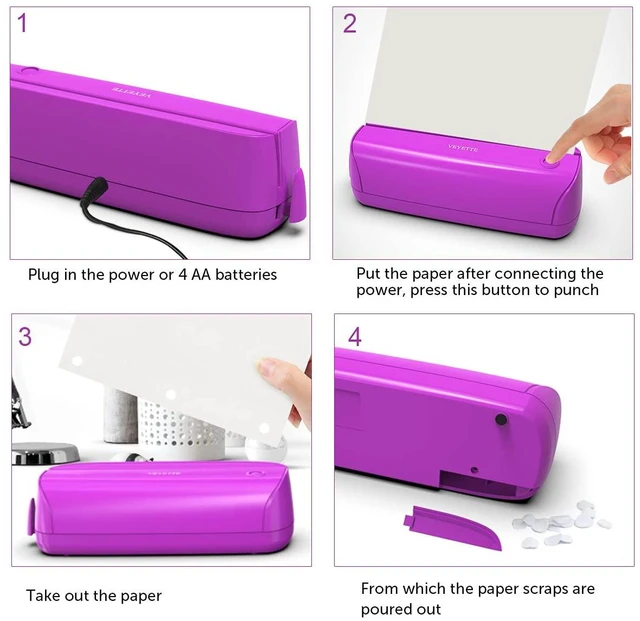 Alt view image 7 of 7 - Electric 3 Hole Paper Punch, Paper Puncher with Adapter for Office School Studio, 20 Sheet Capacity, AC or Battery Purple