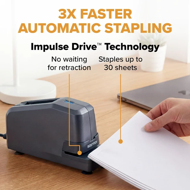 Alt view image 2 of 7 - Office Electric Stapler, 30 Sheet Heavy Duty No Jam, Charcoal | Built for workplaces and classrooms, holds four extra staple sticks, lights up when it is time to refill