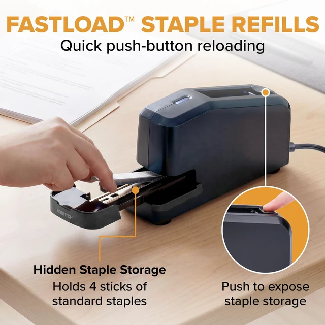 Alt view image 4 of 7 - Office Electric Stapler, 30 Sheet Heavy Duty No Jam, Charcoal | Built for workplaces and classrooms, holds four extra staple sticks, lights up when it is time to refill
