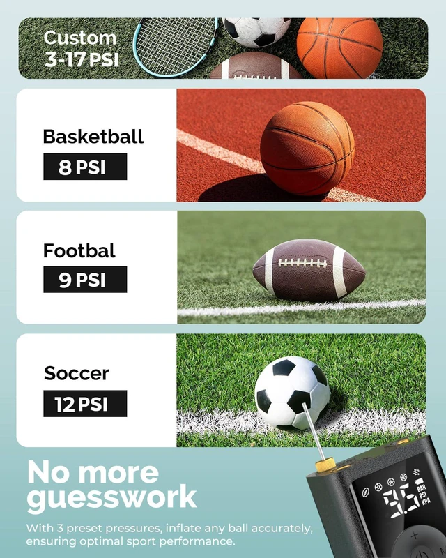 Alt view image 4 of 7 - Electric Ball Pump Inflation & Deflation with 2600mAh Battery | 3-17PSI Basketball Pump with Precise Pressure Gauge and Ball Needles, Rechargeable Air Pump for Football, Soccer, Volleyball