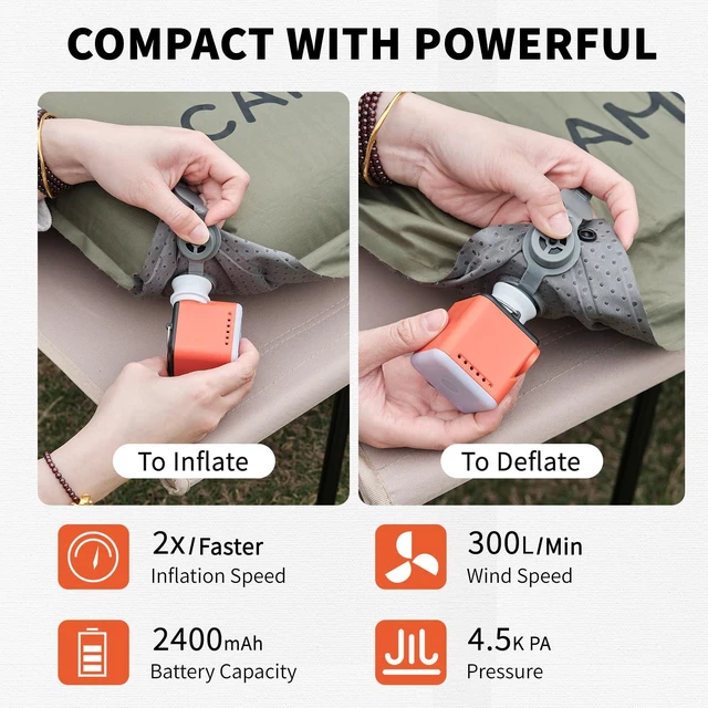Alt view image 2 of 7 - Electric Air Pump for Inflatables 2400mAh Rechargeable 6 Nozzles | Pool Float Pump with Camping Light, Inflate & Deflate, for Air Mattress, Vacuum Bags, Sleeping Pads, Camping Gear