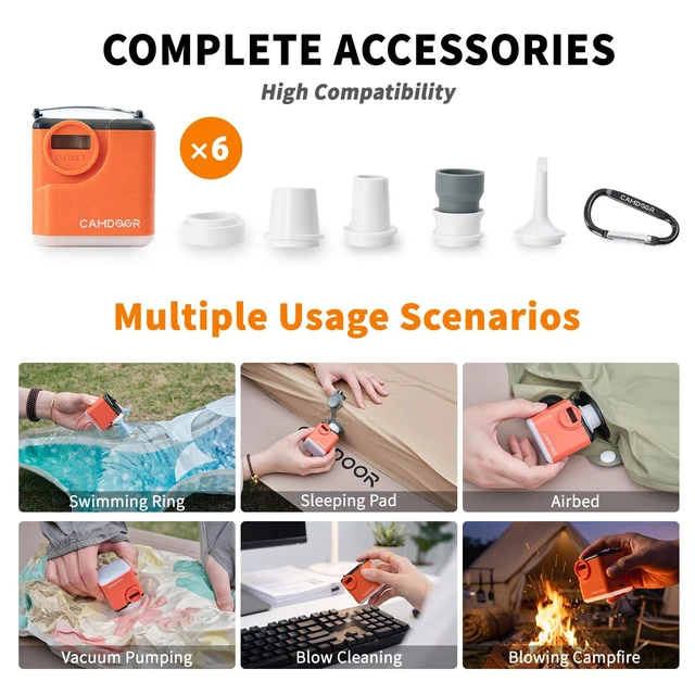 Alt view image 4 of 7 - Electric Air Pump for Inflatables 2400mAh Rechargeable 6 Nozzles | Pool Float Pump with Camping Light, Inflate & Deflate, for Air Mattress, Vacuum Bags, Sleeping Pads, Camping Gear