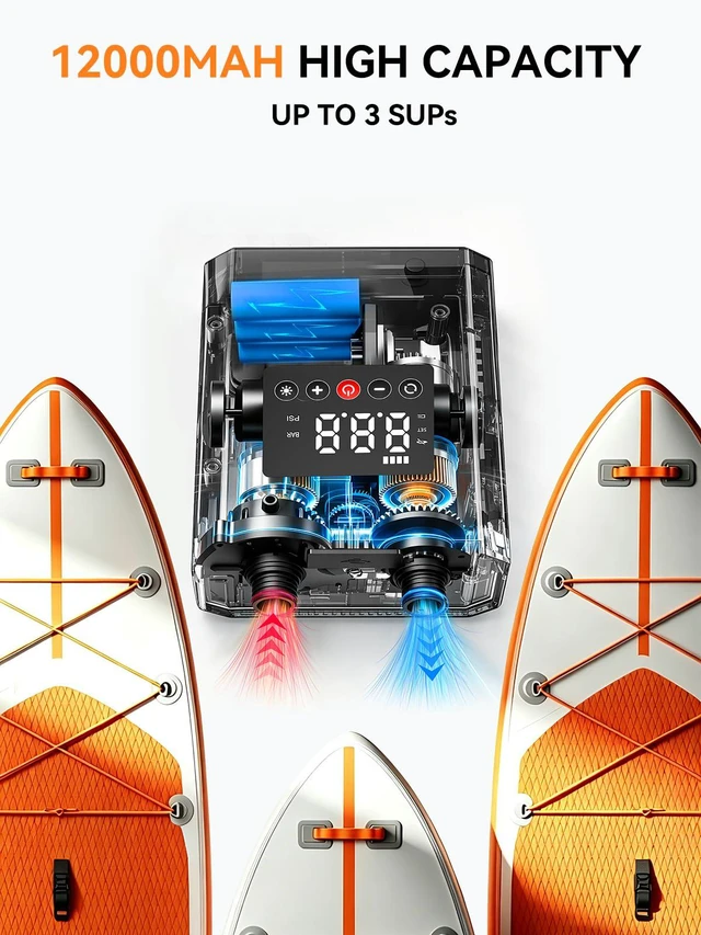 Alt view image 3 of 7 - Electric Paddle Board Pump, Rechargeable SUP Air Pump | Cordless, Rechargeable Battery, Auto Shut-Off, Dual-Stage, 12V DC Car Connector, 7 Nozzles, for Kayaks, Boats, Tents, SUPs