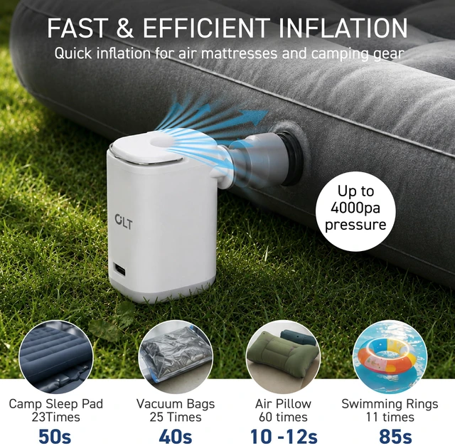 Alt view image 2 of 7 - Portable Air Pump 2400 mAh with Camping Light for Inflatables, Rechargeable Electric Mini Air Pump USB-C Mini Air Pump, Fast Inflate & Deflate, 5 Nozzles for, Pool Floats & Vacuum Bags