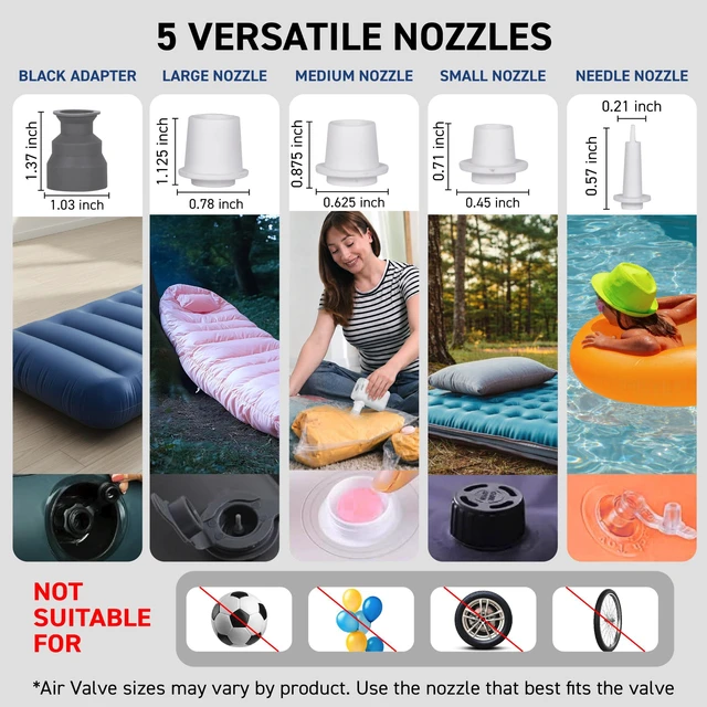 Alt view image 5 of 7 - Portable Air Pump 2400 mAh with Camping Light for Inflatables, Rechargeable Electric Mini Air Pump USB-C Mini Air Pump, Fast Inflate & Deflate, 5 Nozzles for, Pool Floats & Vacuum Bags