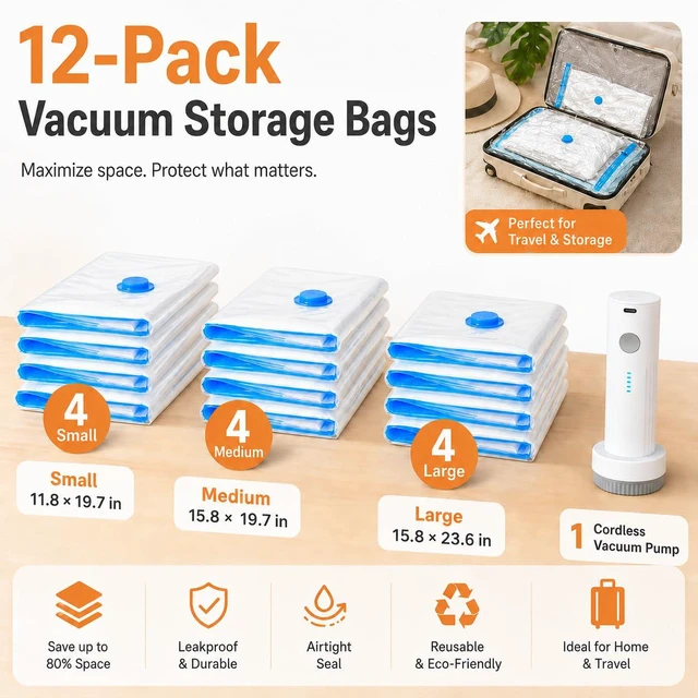 Alt view image 2 of 7 - 12 Pack Vacuum Bags for Travel with Rechargeable Pump, Save Luggage Space | Transparent Bag Design for Easy Clothing Organization 1500mAh USB-C Wireless Pump, Ideal for Suitcases, Backpacks, Wardrobes