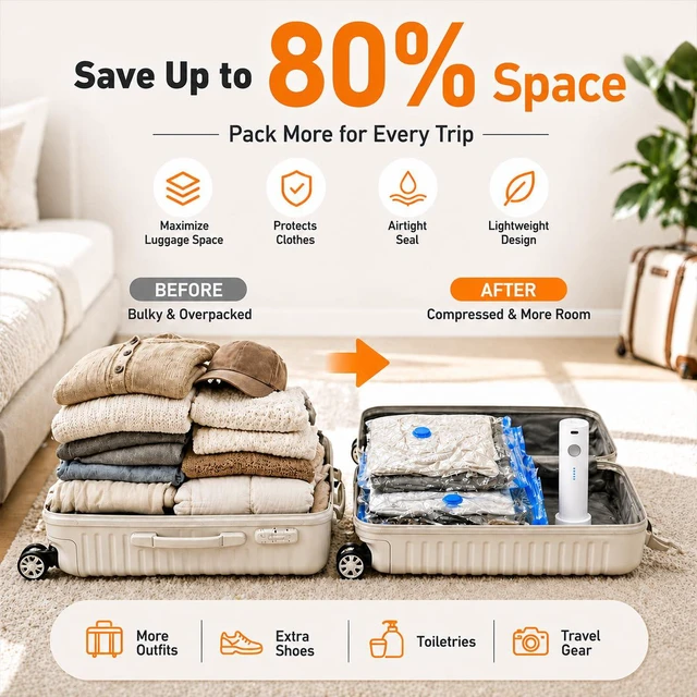 Alt view image 3 of 7 - 12 Pack Vacuum Bags for Travel with Rechargeable Pump, Save Luggage Space | Transparent Bag Design for Easy Clothing Organization 1500mAh USB-C Wireless Pump, Ideal for Suitcases, Backpacks, Wardrobes