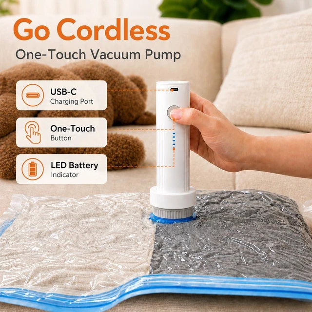 Alt view image 6 of 7 - 12 Pack Vacuum Bags for Travel with Rechargeable Pump, Save Luggage Space | Transparent Bag Design for Easy Clothing Organization 1500mAh USB-C Wireless Pump, Ideal for Suitcases, Backpacks, Wardrobes