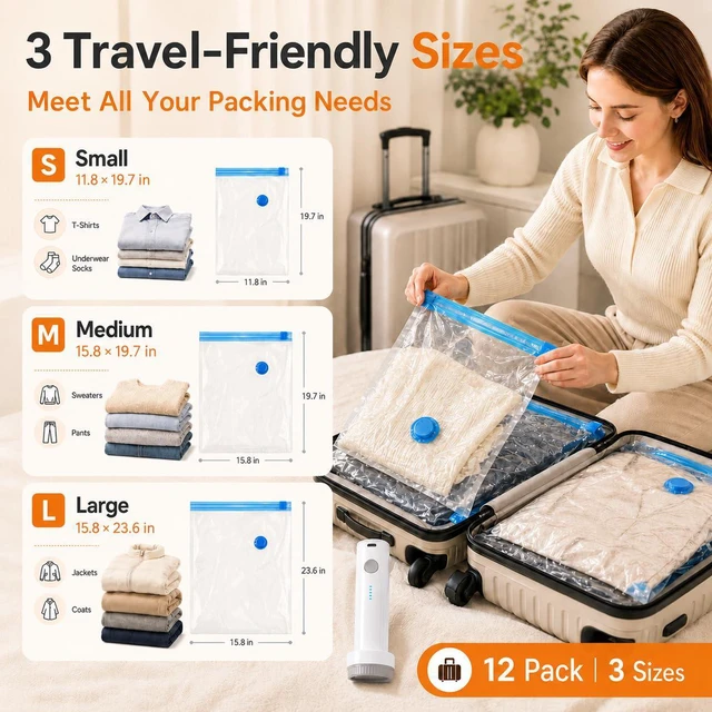 Alt view image 5 of 7 - 12 Pack Vacuum Bags for Travel with Rechargeable Pump, Save Luggage Space | Transparent Bag Design for Easy Clothing Organization 1500mAh USB-C Wireless Pump, Ideal for Suitcases, Backpacks, Wardrobes