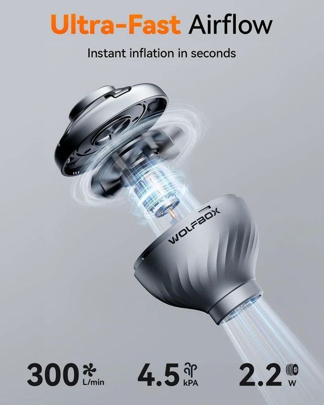 Alt view image 2 of 7 - MegaFlow Mini Portable Air Pump, USB Powered, 4.5kPa, 5 Nozzles | Direct USB Plug-In Power, 0.07 lb, Low-Pressure, Air Mattresses, Pool Floats, Sleeping Pads, Pillows, Camping, Beach, Travel