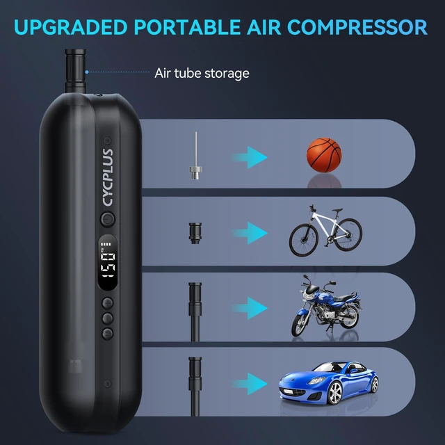 Alt view image 7 of 7 - Portable Electric Tire Inflator Bike Pump,150PSI Auto Off | Fast inflation, LED light, Built-in Hose, 2600mah Battery, Presta and Schrader Valve, for Car, Motorcycle, Bike and Ball