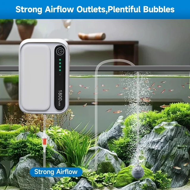 Alt view image 4 of 7 - 1800mAh Rechargeable Aquarium Air Pump, Single Outlet | Runs up to 30 hours continuously or 38 hours intermittently for aquariums, bait buckets and fishing trips