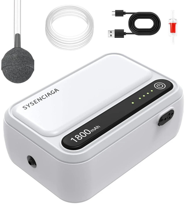 Main image of 1800mAh Rechargeable Aquarium Air Pump, Single Outlet | Runs up to 30 hours continuously or 38 hours intermittently for aquariums, bait buckets and fishing trips