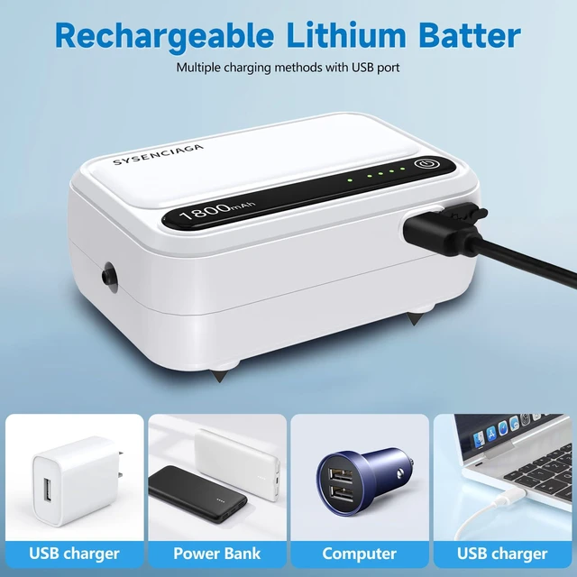 Alt view image 7 of 7 - 1800mAh Rechargeable Aquarium Air Pump, Single Outlet | Runs up to 30 hours continuously or 38 hours intermittently for aquariums, bait buckets and fishing trips
