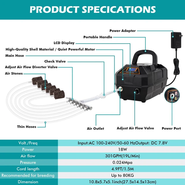 Alt view image 6 of 6 - Rechargeable Aquarium Pond Air Pump, Powerful Quiet Commercial Tank Air Pump with Hose Air Stone Check Valve Adjustable Flow 6-outlets Diverter Valve for Fishing Yacht/Power Outages/Hydroponic