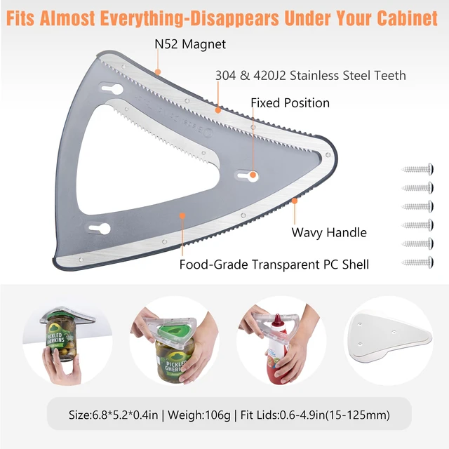 Alt view image 2 of 7 - Patented Magnetic Jar Opener - Fridge Storage | 2-in-1 Handheld & Cabinet Mount Bracket, Opens All Lids 0.6"-4.9" & Odd Shapes Caps, 304 Stainless Steel (Black)