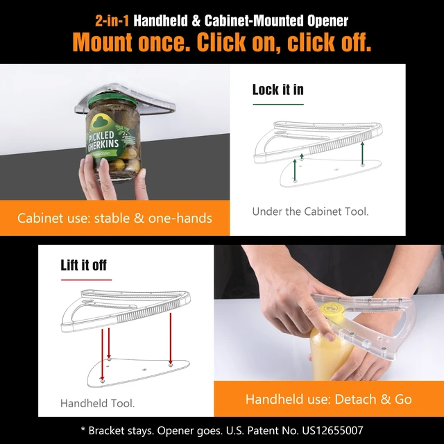 Alt view image 3 of 7 - Patented Magnetic Jar Opener - Fridge Storage | 2-in-1 Handheld & Cabinet Mount Bracket, Opens All Lids 0.6"-4.9" & Odd Shapes Caps, 304 Stainless Steel (Black)