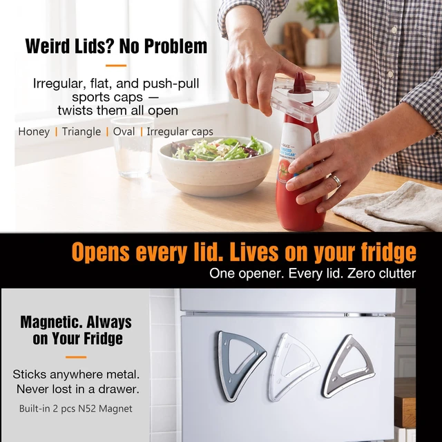 Alt view image 4 of 7 - Patented Magnetic Jar Opener - Fridge Storage | 2-in-1 Handheld & Cabinet Mount Bracket, Opens All Lids 0.6"-4.9" & Odd Shapes Caps, 304 Stainless Steel (Black)
