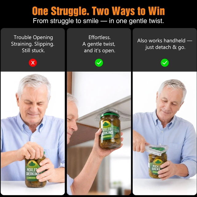 Alt view image 6 of 7 - Patented Magnetic Jar Opener - Fridge Storage | 2-in-1 Handheld & Cabinet Mount Bracket, Opens All Lids 0.6"-4.9" & Odd Shapes Caps, 304 Stainless Steel (Black)