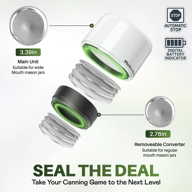 Alt view image 3 of 6 - Roboseal Electric Mason Jar Vacuum Sealer Kit with 50 Lids, Jar Opener | Works on Small and Wide Mouth Jars, Rechargeable, One Touch Operation, Digital Battery Indicator, 25 Regular + 25 Large Lids