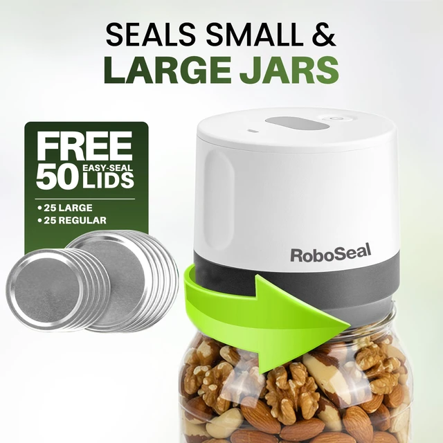 Alt view image 4 of 6 - Roboseal Electric Mason Jar Vacuum Sealer Kit with 50 Lids, Jar Opener | Works on Small and Wide Mouth Jars, Rechargeable, One Touch Operation, Digital Battery Indicator, 25 Regular + 25 Large Lids