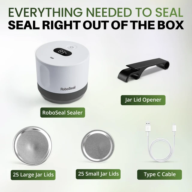 Alt view image 5 of 6 - Roboseal Electric Mason Jar Vacuum Sealer Kit with 50 Lids, Jar Opener | Works on Small and Wide Mouth Jars, Rechargeable, One Touch Operation, Digital Battery Indicator, 25 Regular + 25 Large Lids