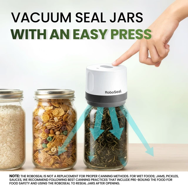 Alt view image 6 of 6 - Roboseal Electric Mason Jar Vacuum Sealer Kit with 50 Lids, Jar Opener | Works on Small and Wide Mouth Jars, Rechargeable, One Touch Operation, Digital Battery Indicator, 25 Regular + 25 Large Lids