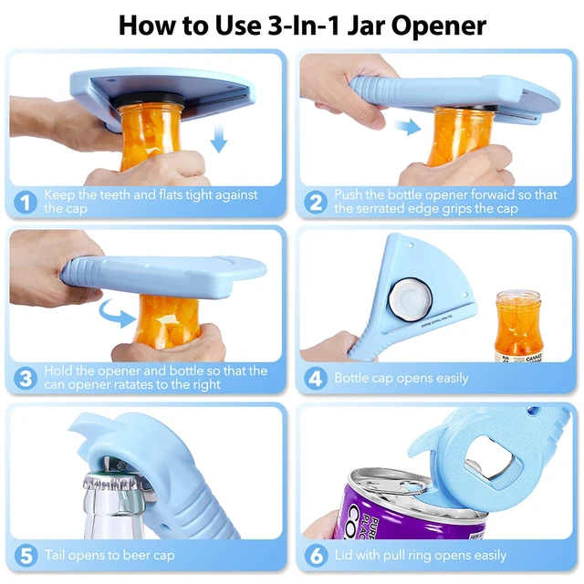 Alt view image 2 of 7 - Jar Bottle Opener for Seniors Weak Hands or Arthritis, 3-In-1 for Twist-on Lid, Water Bottle, Pull-Tab Can, Easy Grip 0.6-5.5 Inch Cap No Slip, Medicine Opener Office RV Travel, Elderly Caregiver Aid
