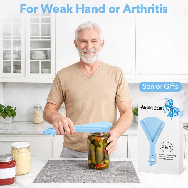 Alt view image 7 of 7 - Jar Bottle Opener for Seniors Weak Hands or Arthritis, 3-In-1 for Twist-on Lid, Water Bottle, Pull-Tab Can, Easy Grip 0.6-5.5 Inch Cap No Slip, Medicine Opener Office RV Travel, Elderly Caregiver Aid
